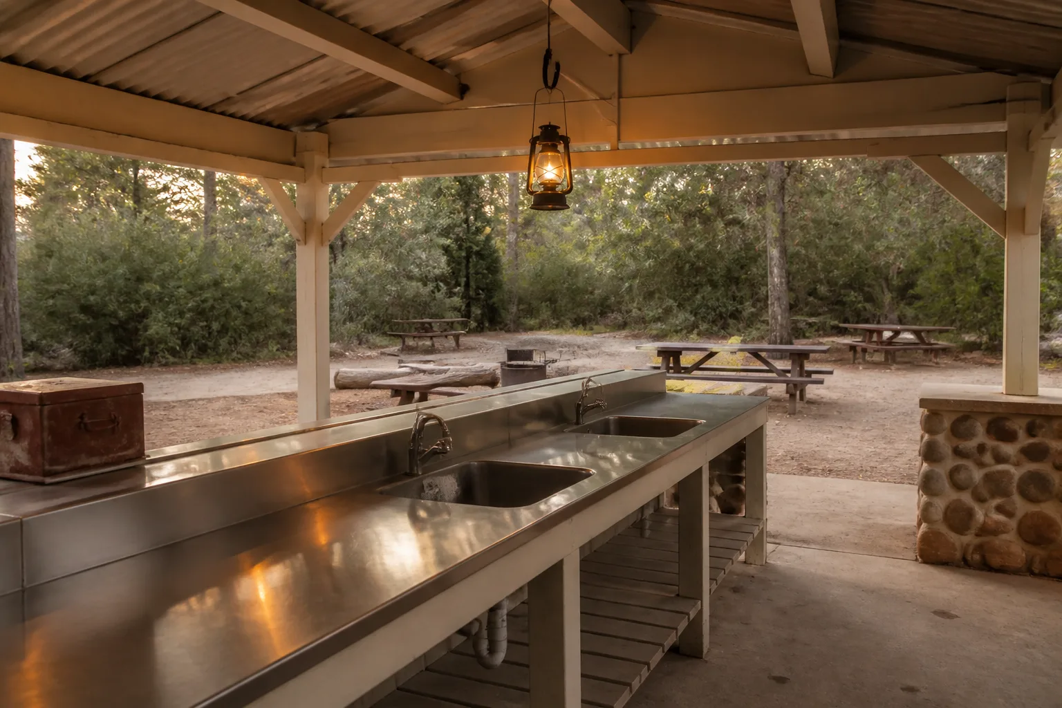 Empty campground kitchen shelter at early evening, long metal counter with two sinks under a corrugated roof, lantern hook above, picnic tables visible through open sides and forest beyond, 1600x900