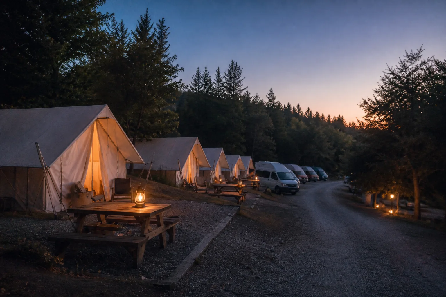 Gravel campground loop at dusk seen from a slight rise, canvas tents spaced along a gentle slope, small lanterns glowing at picnic tables, a row of parked vans farther down the loop, cool blue sky fading behind a dark treeline, 1920x1080