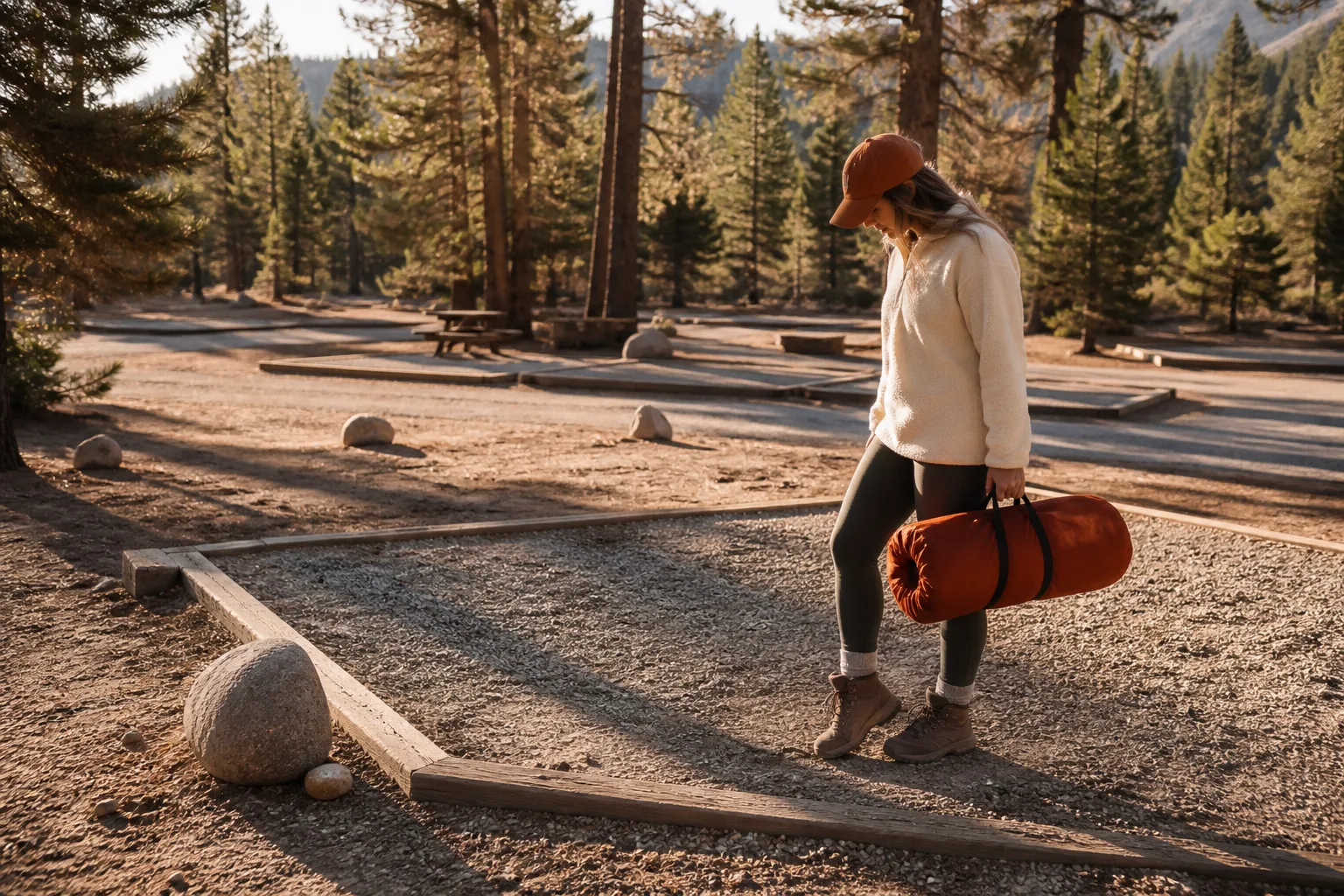 Camper standing on an empty numbered tent pad at late afternoon, foot testing ground slope while holding a rolled tent bag, neighbouring pads visible across a gravel loop, long shadows from pines stretching across the site, 1400x875