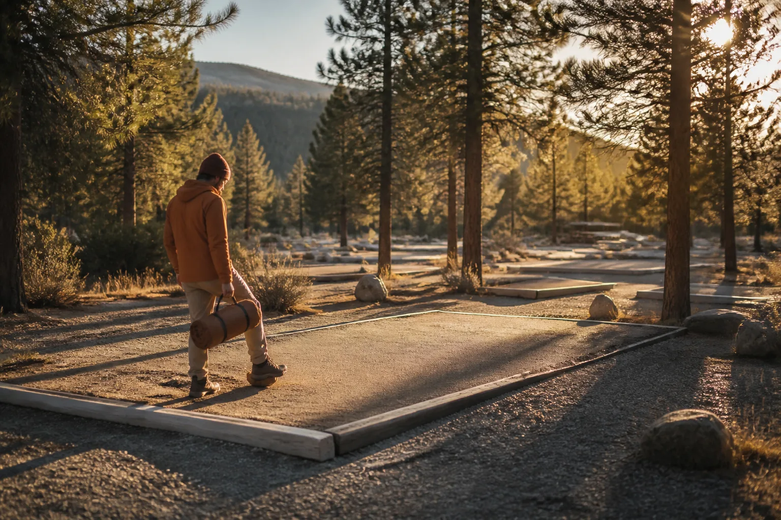 Camper standing on an empty numbered tent pad at late afternoon, foot testing ground slope while holding a rolled tent bag, neighbouring pads visible across a gravel loop, long shadows from pines stretching across the site, 1600x900