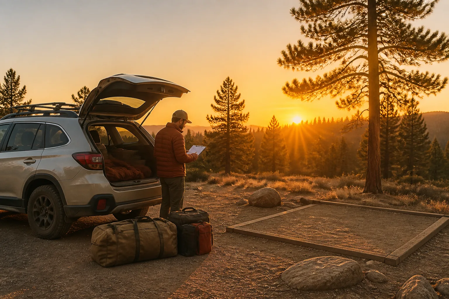 Vehicle parked beside an empty tent pad at golden hour, rear hatch open with gear bags on the ground, camper checking a clipboard list while the sun sits low behind a tree line, 1400x875