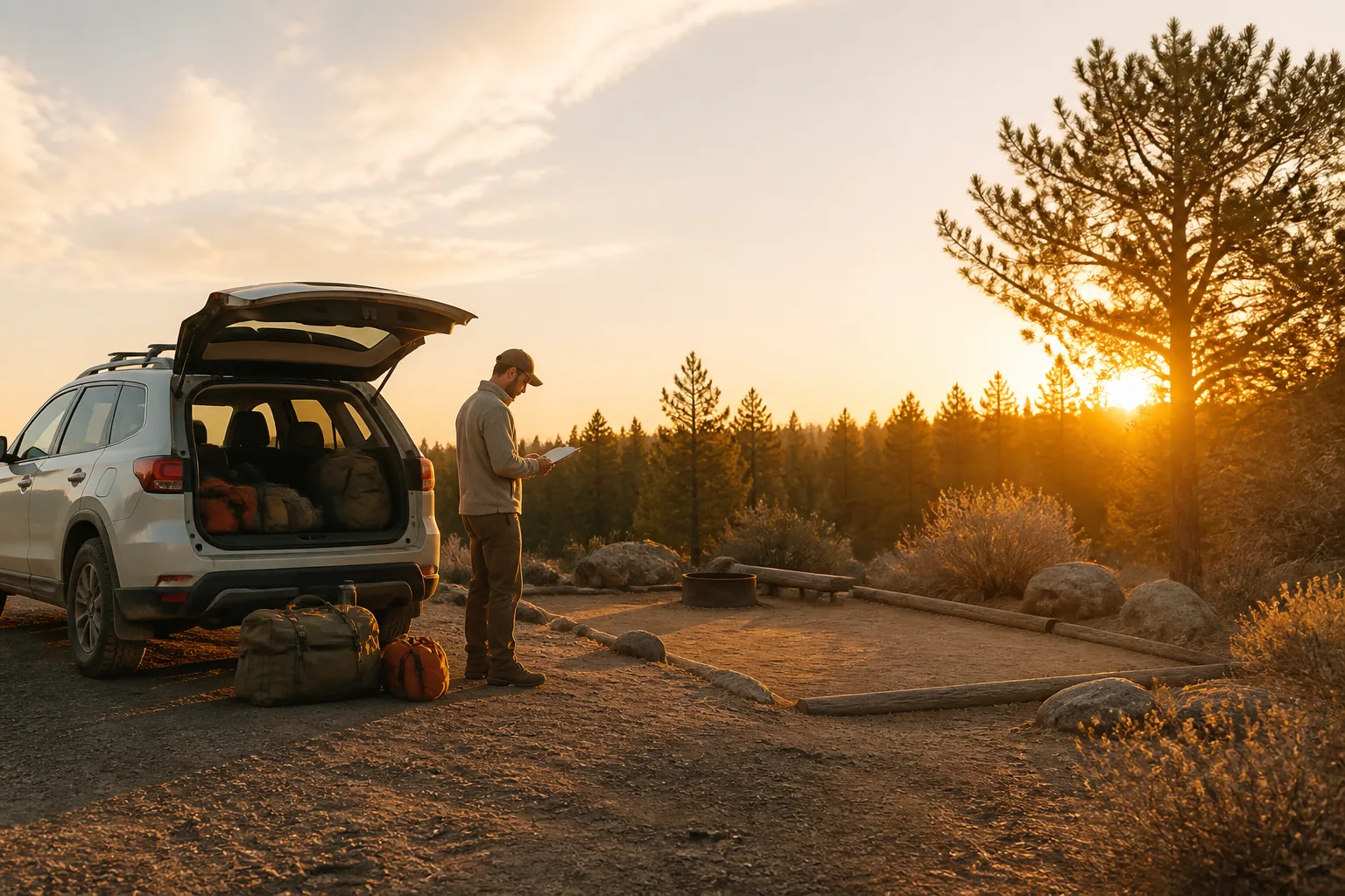 Vehicle parked beside an empty tent pad at golden hour, rear hatch open with gear bags on the ground, camper checking a clipboard list while the sun sits low behind a tree line, 1600x900