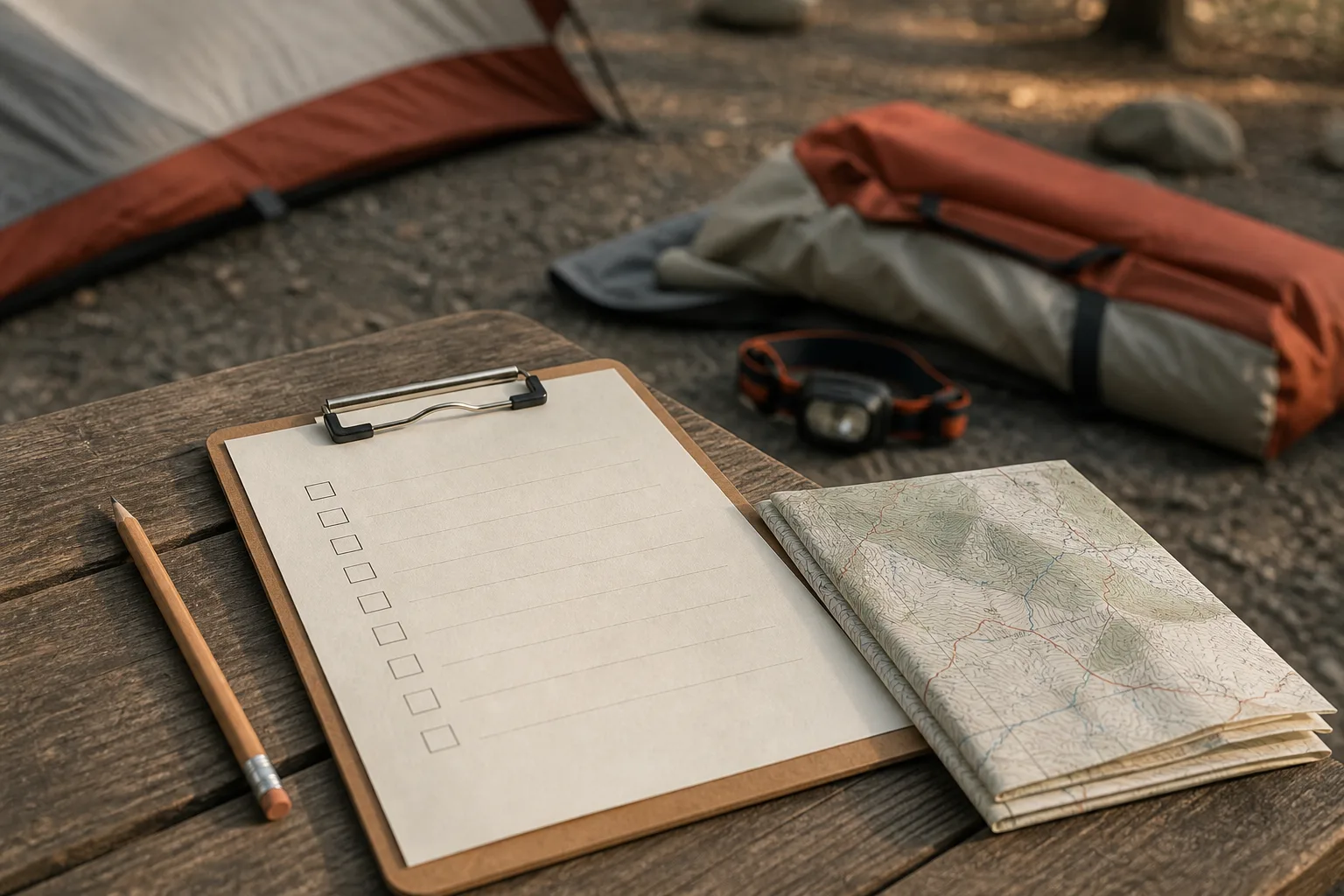 Close view of a handwritten checklist on a clipboard resting on a picnic table, headlamp and folded map beside it, tent bag partially unrolled on gravel in soft focus behind, 1400x875