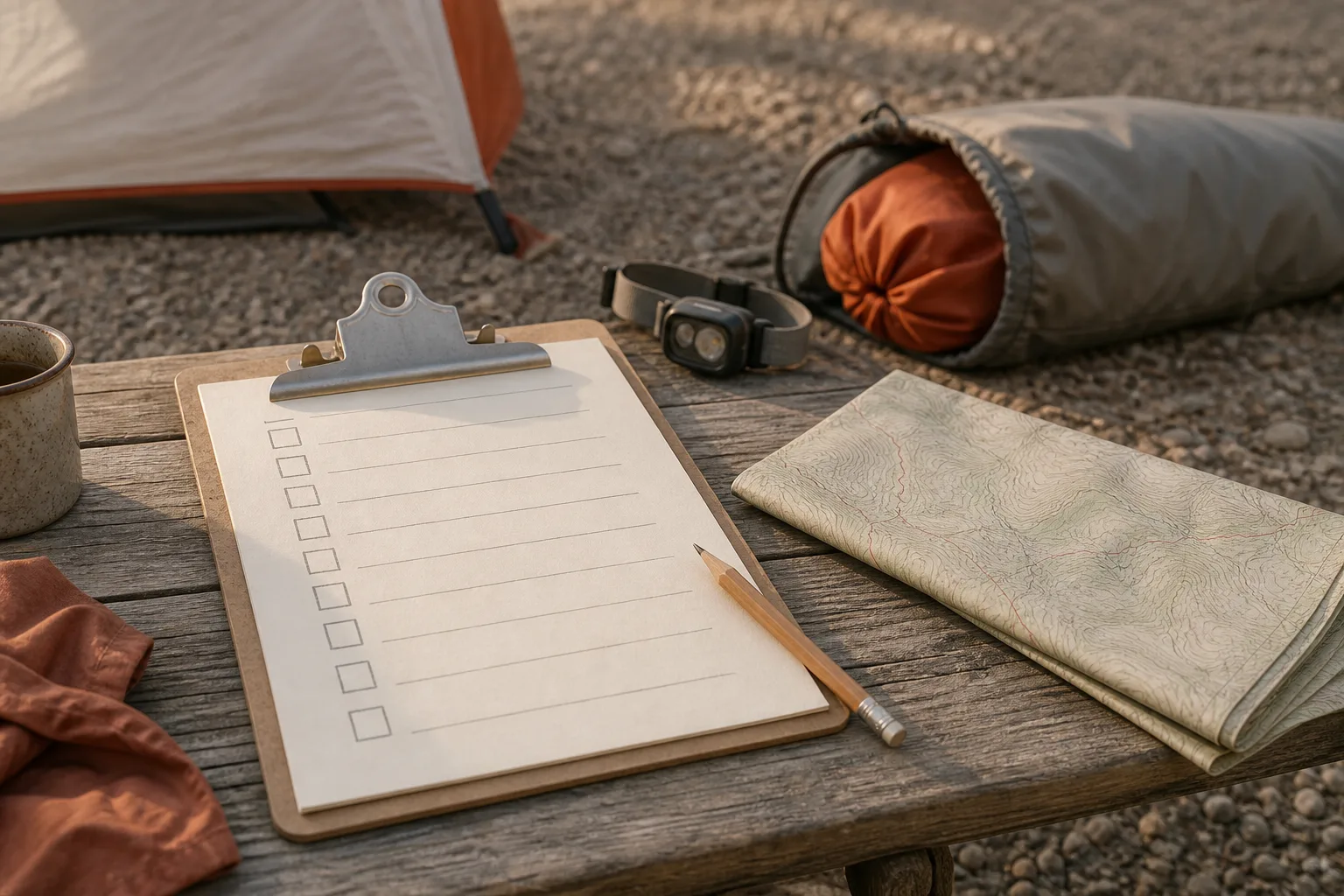 Close view of a handwritten checklist on a clipboard resting on a picnic table, headlamp and folded map beside it, tent bag partially unrolled on gravel in soft focus behind, 1600x900