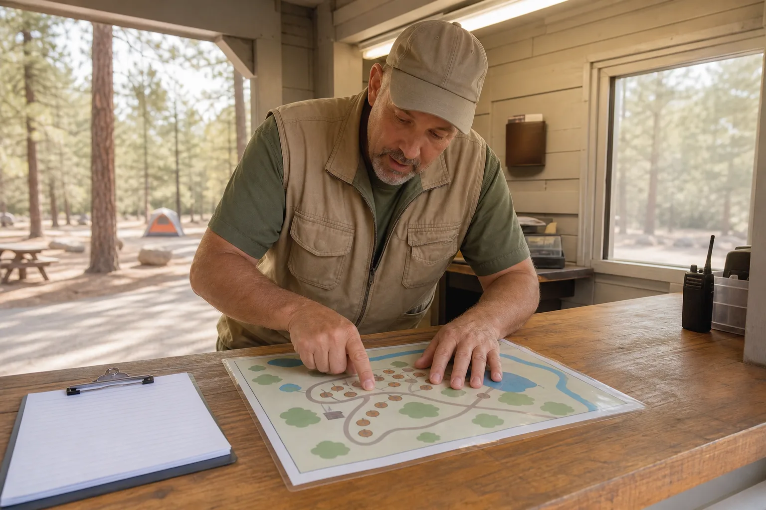 Campground host leaning over a laminated loop map on a wooden counter, finger tracing numbered pads while a clipboard rests nearby, soft fluorescent light in a small check-in shelter, 1400x900