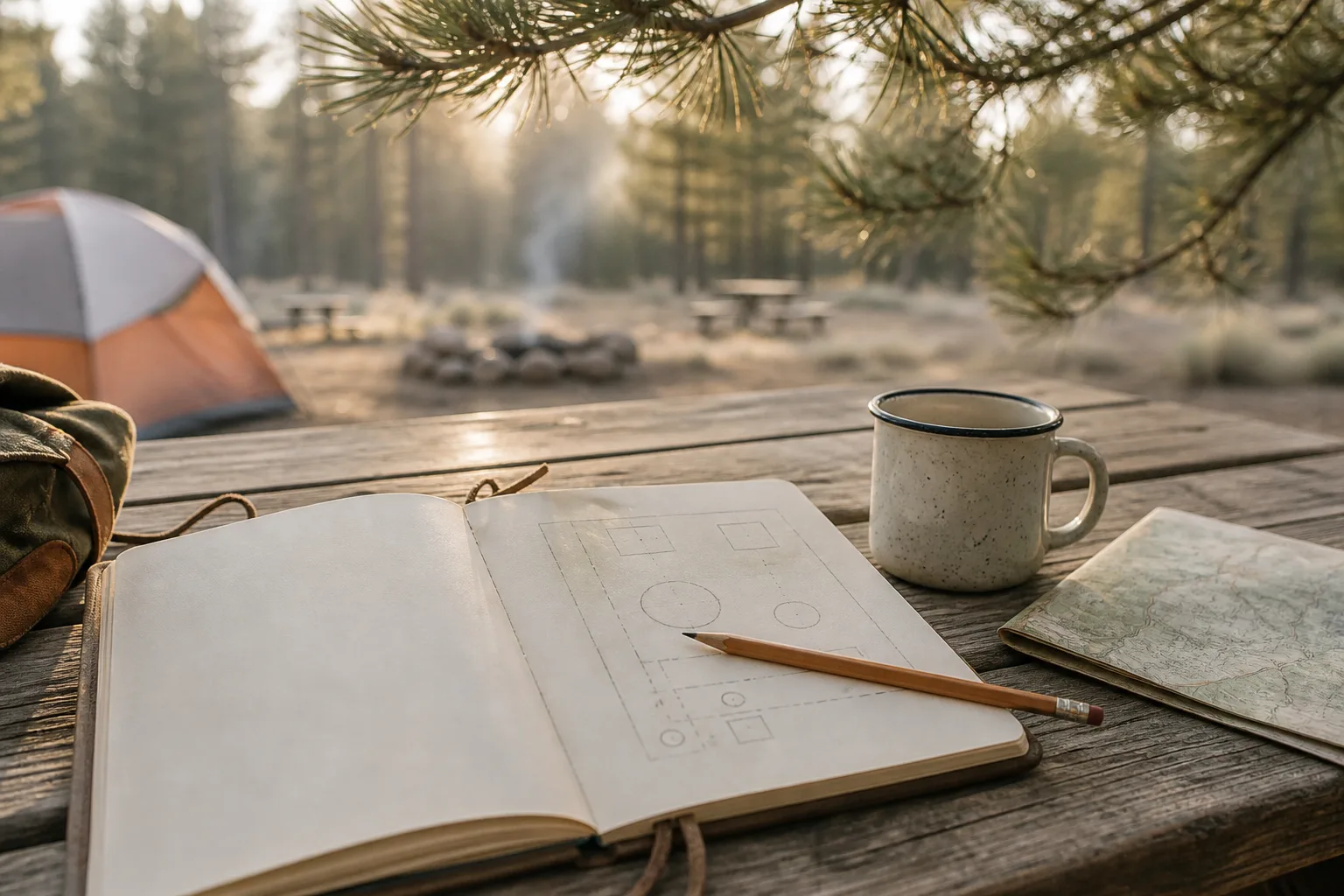 Open field notebook on a weathered picnic table at a campground, pencil resting across a sketched pad layout, enamel mug and folded map beside the pages, soft morning light through pine branches above, 1600x900