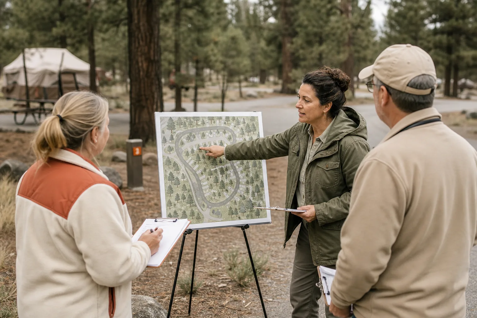 Small outdoor training session beside a campground loop, instructor pointing at a laminated site map while two hosts take notes on clipboards, pine trees and numbered pad markers visible in the background, 1400x900