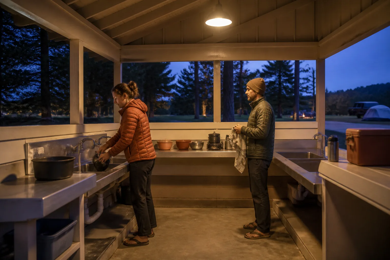 Campground kitchen shelter with two campers at separate sinks, one washing a pot while another waits with a drying towel, overhead light glowing against a blue evening sky through open walls, 1400x875