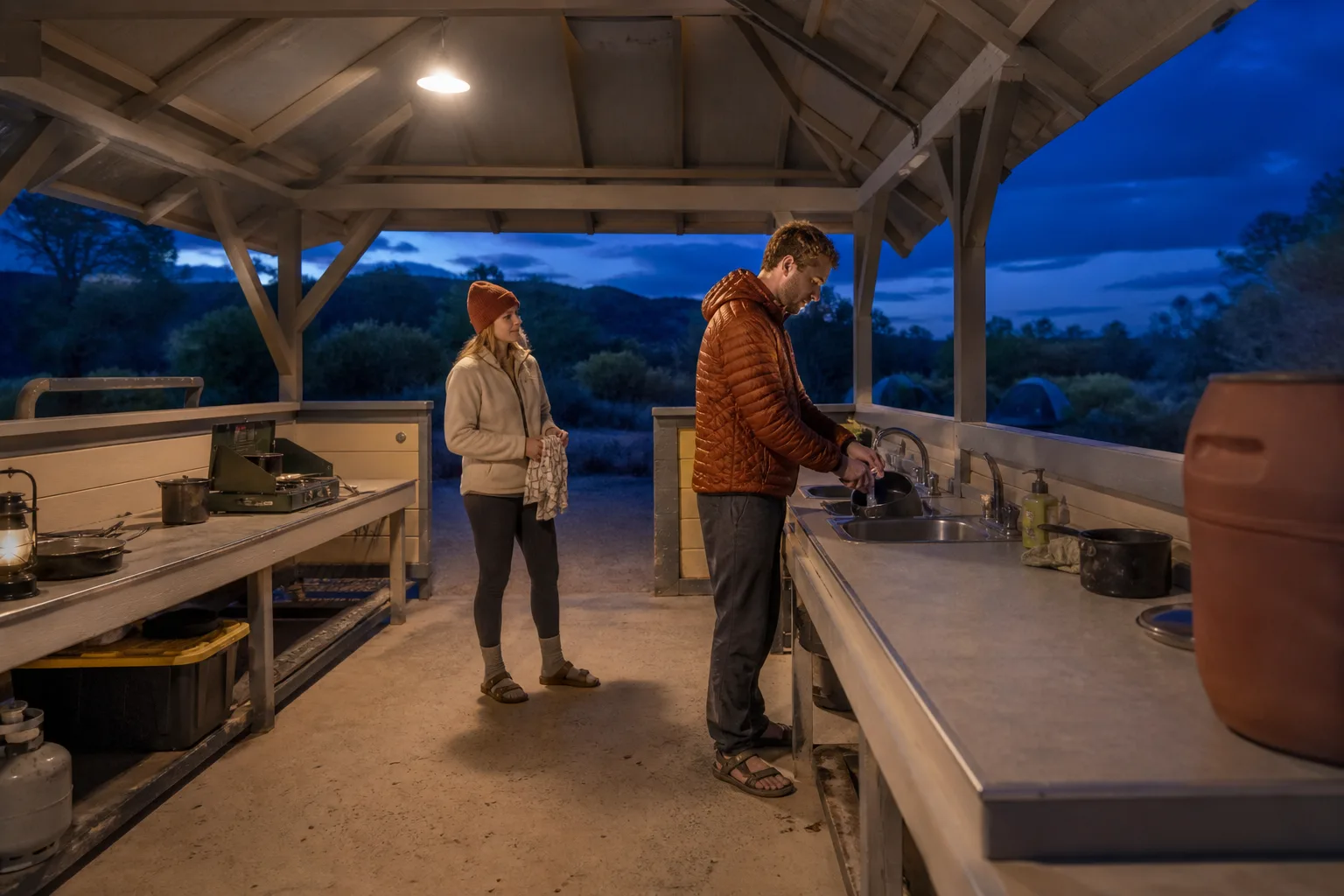 Campground kitchen shelter with two campers at separate sinks, one washing a pot while another waits with a drying towel, overhead light glowing against a blue evening sky through open walls, 1600x900