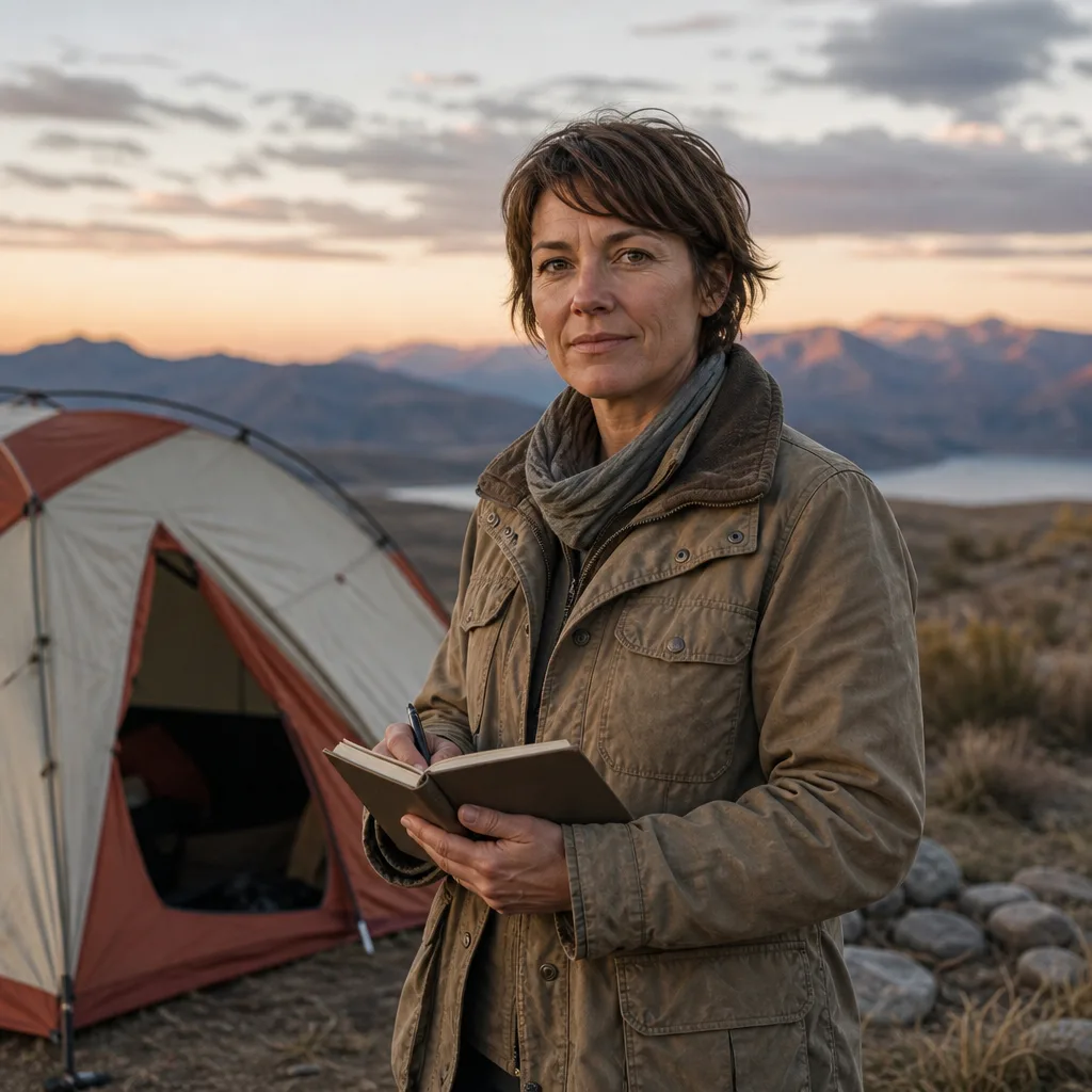 Mara Ellison, a woman in her forties with short brown hair and a weathered canvas jacket, standing beside a pitched dome tent at dusk with a notebook in one hand, 400x400