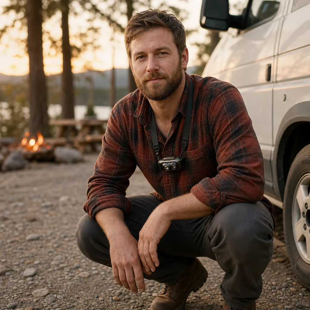 Noah Calder, a man in his thirties with a close beard and a faded flannel shirt, crouching by a parked van on a gravel pad with a headlamp around his neck, 400x400
