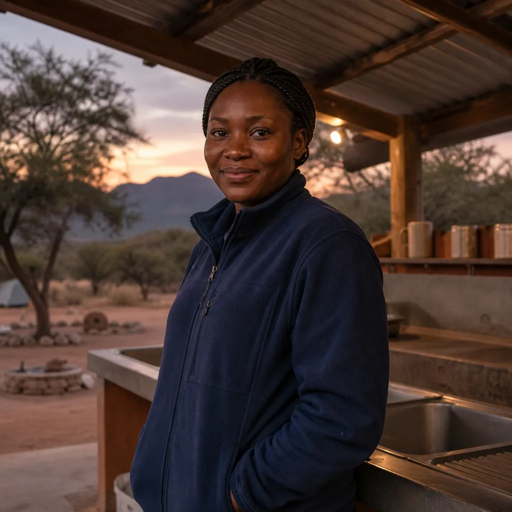 Rhea Okonkwo, a woman in her thirties with braided hair and a navy fleece, standing under a corrugated camp kitchen roof beside metal sinks at twilight, 400x400